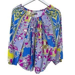 Vintage Alice & Trixie 100% Silk Blouse Peasant Top Size Small Pink Blue Paisley